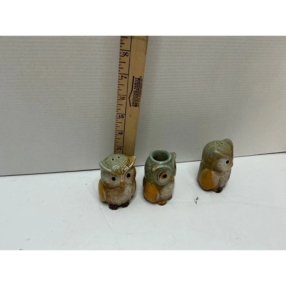 Vintage Owl Serving Bowl‎ Salt Pepper Shaker Toothpick Holder Set Brown Green